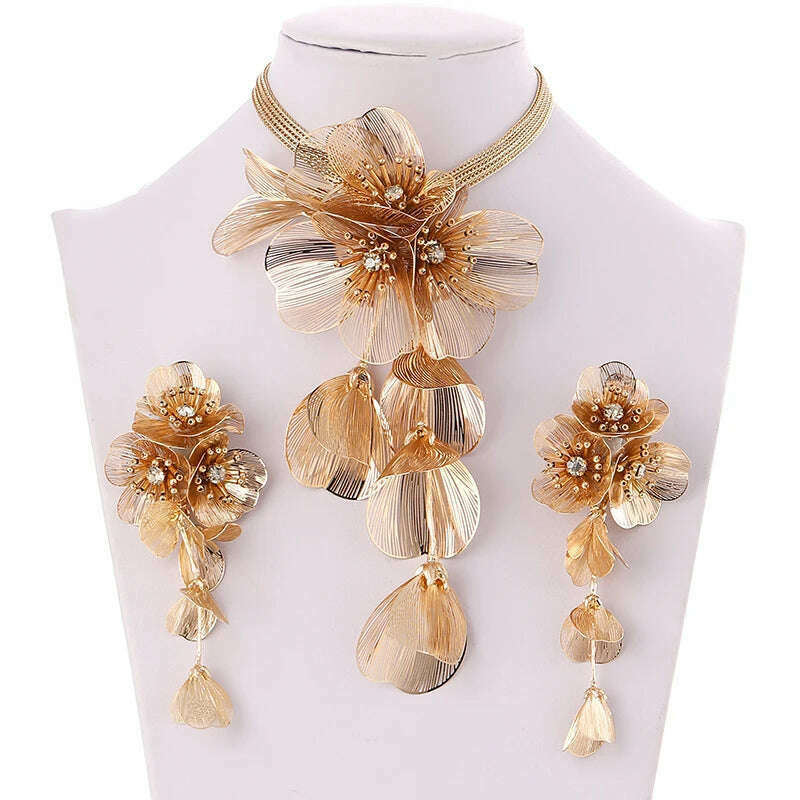 KIMLUD, Handmade Copper Flower Necklace and Earrings Set Fashion Gold Color Jewelry Sets for Women Accessories Trendy Party Gifts, Gold-color, KIMLUD APPAREL - Womens Clothes