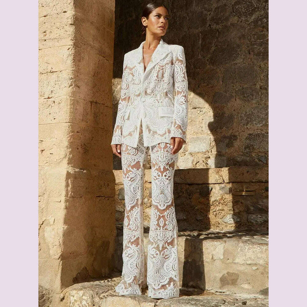 KIMLUD, Handmade Mesh Embroidered Sequin Pants Set White New Designer Sequin Suit Coat and Pants Set Two Pieces Blazer Pants Punk Suit, KIMLUD Womens Clothes