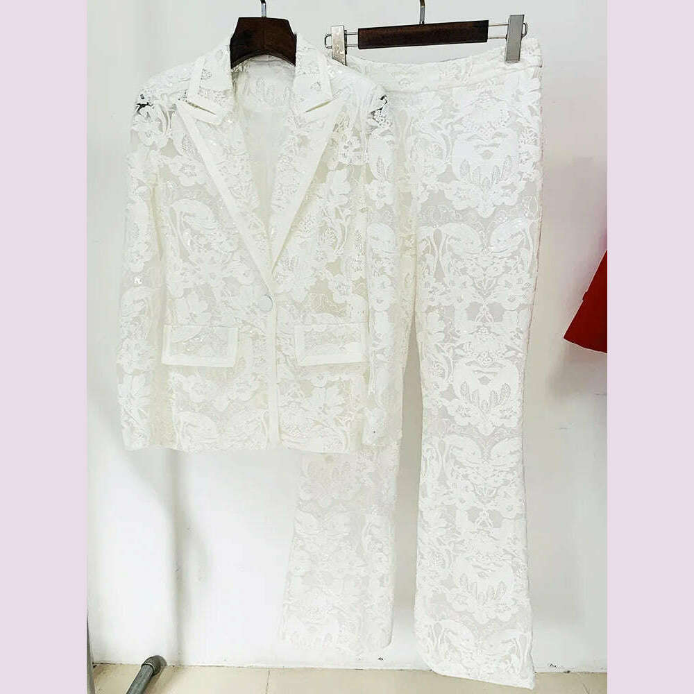 KIMLUD, Handmade Mesh Embroidered Sequin Pants Set White New Designer Sequin Suit Coat and Pants Set Two Pieces Blazer Pants Punk Suit, KIMLUD Womens Clothes