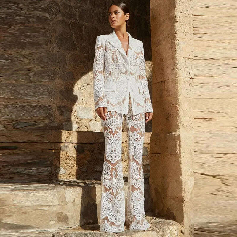 KIMLUD, Handmade Mesh Embroidered Sequin Pants Set White New Designer Sequin Suit Coat and Pants Set Two Pieces Blazer Pants Punk Suit, white sets / L, KIMLUD APPAREL - Womens Clothes