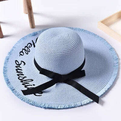 KIMLUD, Handmade Weave letter Sun Hats For Women Black Ribbon Lace Up Large Brim Straw Hat Outdoor Beach hat Summer Caps Chapeu Feminino, KIMLUD Womens Clothes