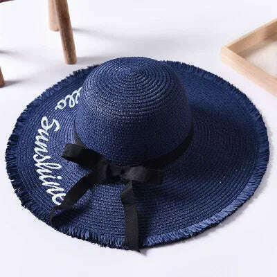 KIMLUD, Handmade Weave letter Sun Hats For Women Black Ribbon Lace Up Large Brim Straw Hat Outdoor Beach hat Summer Caps Chapeu Feminino, KIMLUD Womens Clothes