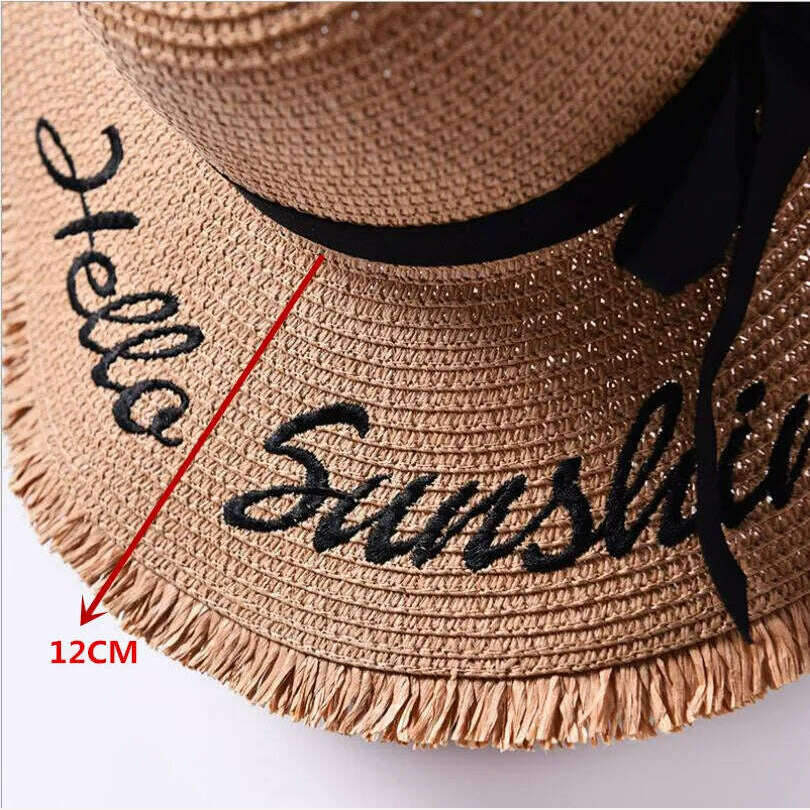 KIMLUD, Handmade Weave letter Sun Hats For Women Black Ribbon Lace Up Large Brim Straw Hat Outdoor Beach hat Summer Caps Chapeu Feminino, KIMLUD Womens Clothes