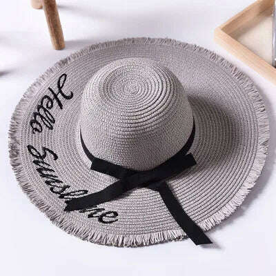 KIMLUD, Handmade Weave letter Sun Hats For Women Black Ribbon Lace Up Large Brim Straw Hat Outdoor Beach hat Summer Caps Chapeu Feminino, KIMLUD Womens Clothes