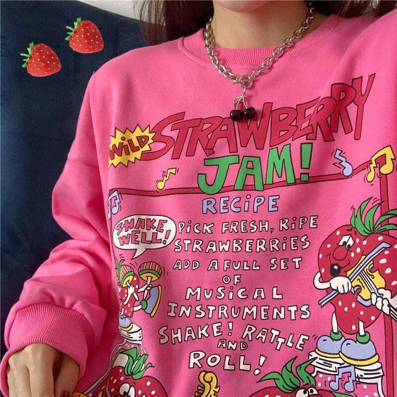 KIMLUD, Harajuku Retro Top Strawberry Print Sweatshirt  Women Loose Streetwear Sweatshirts American  Oversized Pullovers, KIMLUD Womens Clothes