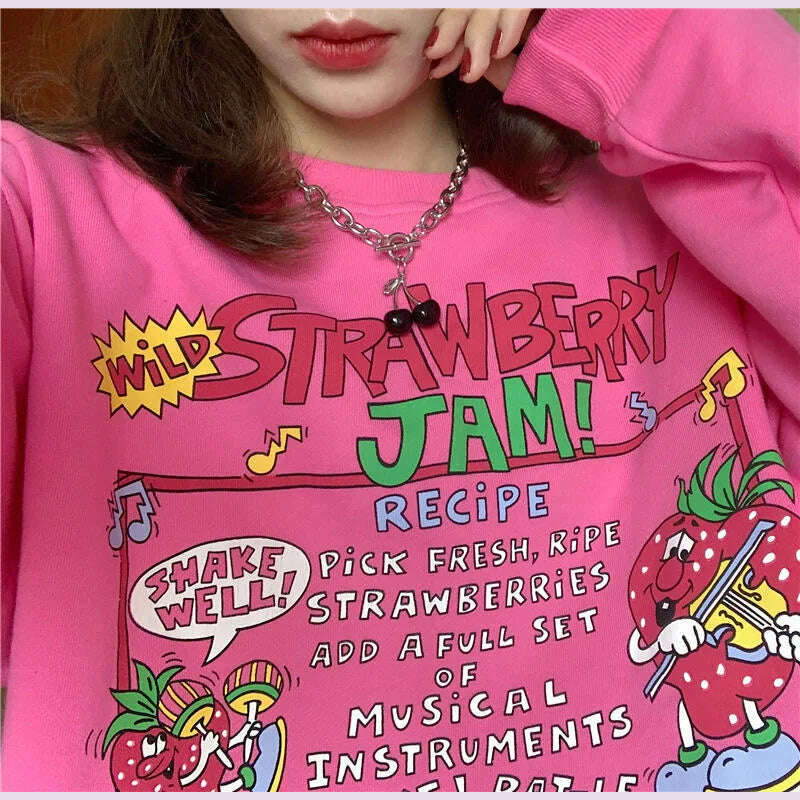 KIMLUD, Harajuku Retro Top Strawberry Print Sweatshirt  Women Loose Streetwear Sweatshirts American  Oversized Pullovers, KIMLUD Womens Clothes