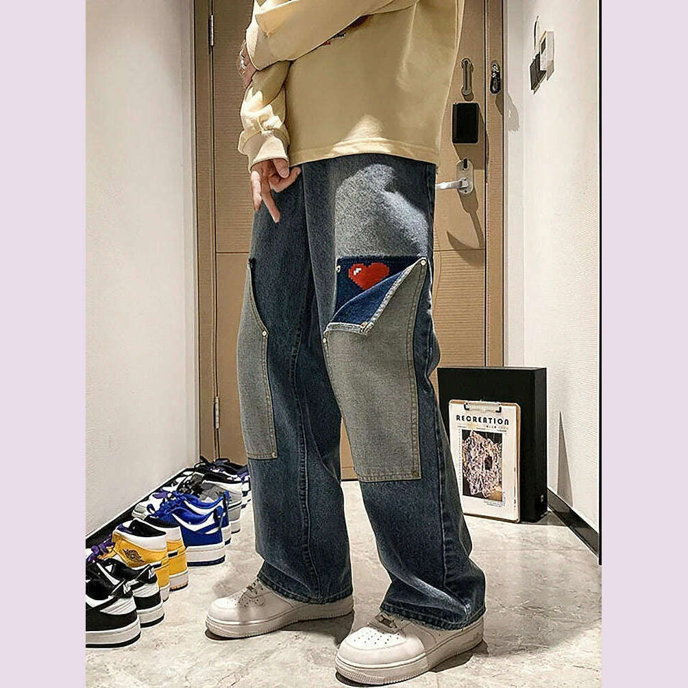 KIMLUD, Harajuku Wide Leg Baggy Jeans Pants Men Love Heart Oversize Straight Denim Buttton Cargo Long Trousers Streetwear Student New, Light Blue / M, KIMLUD APPAREL - Womens Clothes