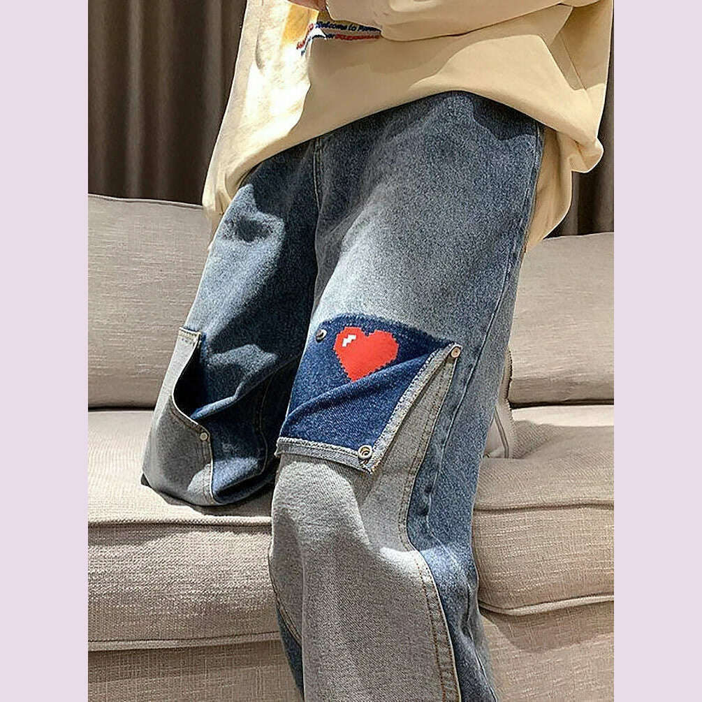 KIMLUD, Harajuku Wide Leg Baggy Jeans Pants Men Love Heart Oversize Straight Denim Buttton Cargo Long Trousers Streetwear Student New, KIMLUD Womens Clothes