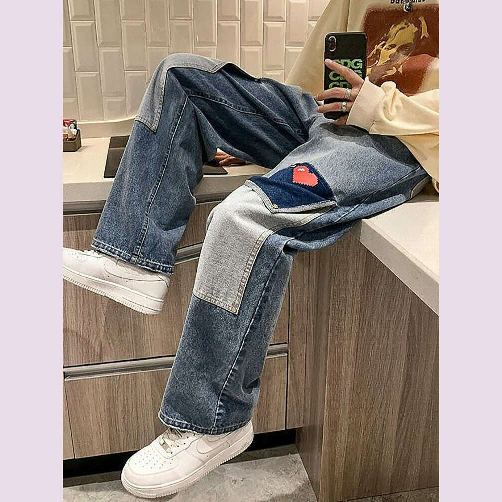 Harajuku Wide Leg Baggy Jeans Pants Men Love Heart Oversize Straight Denim Buttton Cargo Long Trousers Streetwear Student New - KIMLUD