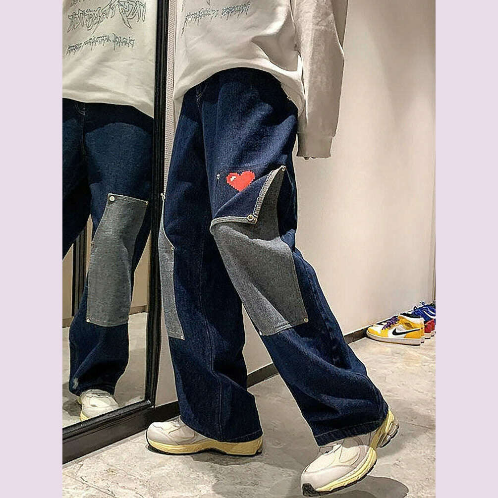 Harajuku Wide Leg Baggy Jeans Pants Men Love Heart Oversize Straight Denim Buttton Cargo Long Trousers Streetwear Student New - KIMLUD