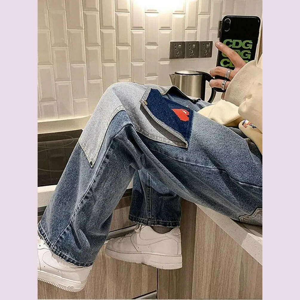 Harajuku Wide Leg Baggy Jeans Pants Men Love Heart Oversize Straight Denim Buttton Cargo Long Trousers Streetwear Student New - KIMLUD