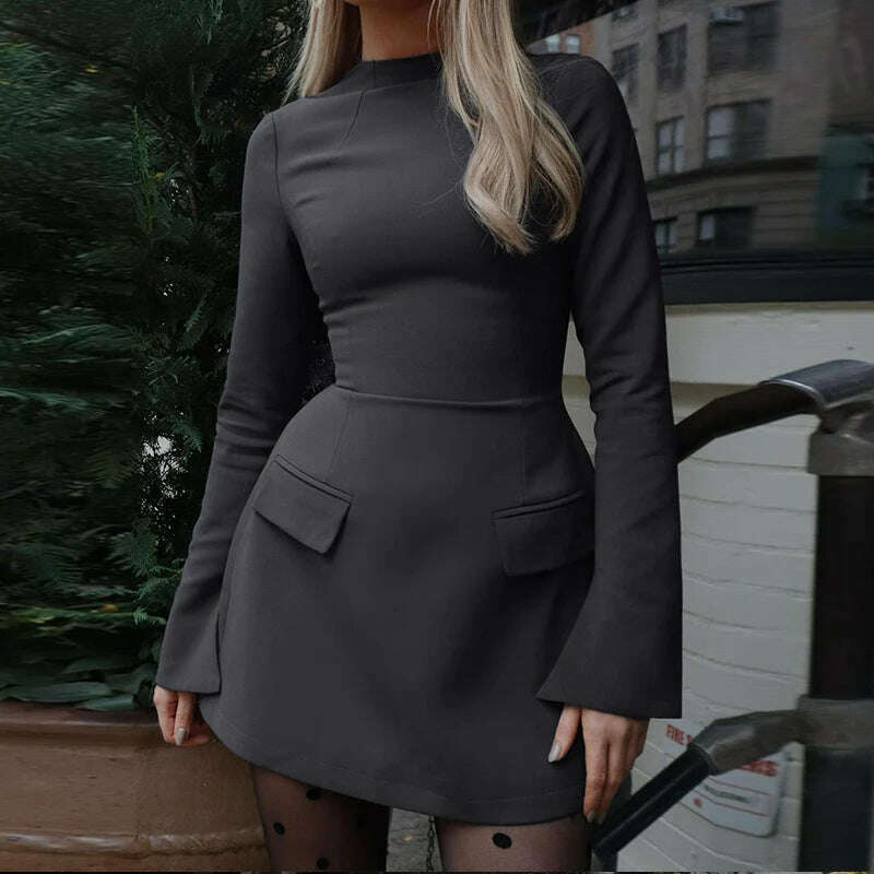 KIMLUD, Hawthaw Women 2024 Spring Autumn Elegant Long Sleeve Streetwear Bodycon Short Mini Dress Wholesale Items For Business, Dark Grey / M, KIMLUD APPAREL - Womens Clothes