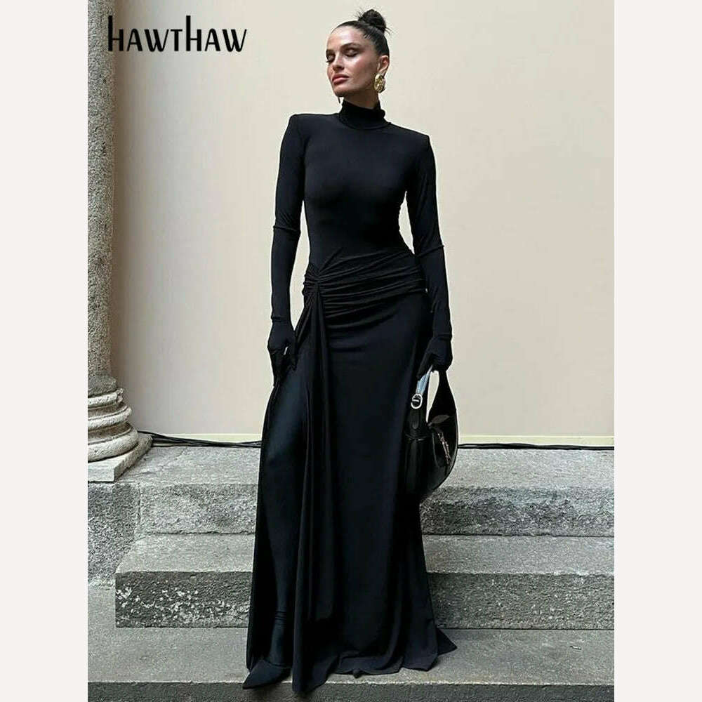 KIMLUD, Hawthaw Women 2024 Spring Autumn Long Sleeve Elegant Streetwear Bodycon Black Long Dress Wholesale Items For Business, KIMLUD Womens Clothes