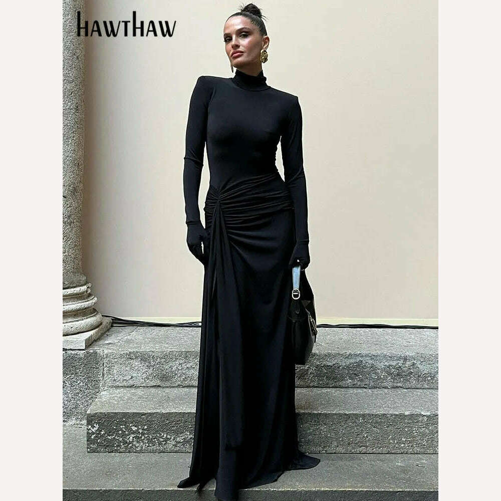 KIMLUD, Hawthaw Women 2024 Spring Autumn Long Sleeve Elegant Streetwear Bodycon Black Long Dress Wholesale Items For Business, KIMLUD Womens Clothes