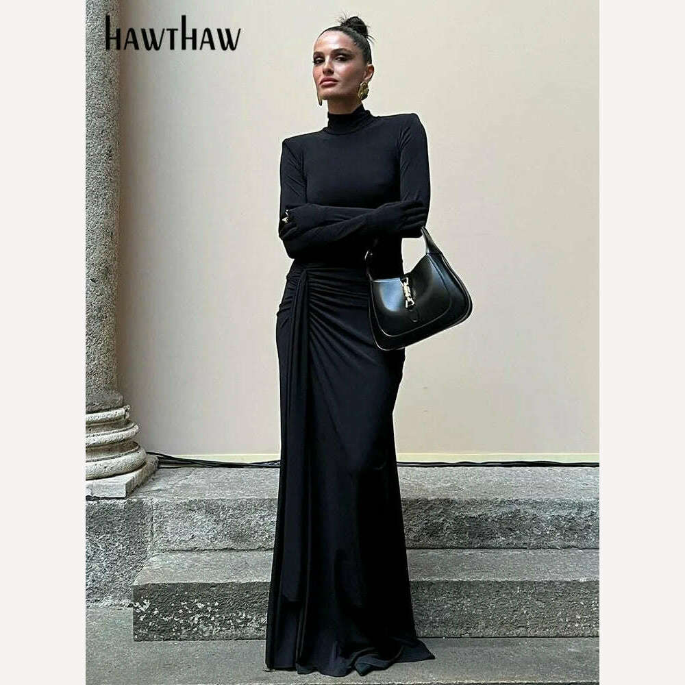 KIMLUD, Hawthaw Women 2024 Spring Autumn Long Sleeve Elegant Streetwear Bodycon Black Long Dress Wholesale Items For Business, KIMLUD Womens Clothes