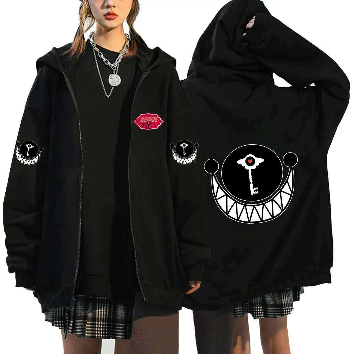 KIMLUD, Hazbin Hotel Zip Hoodies Sweatshirts Oversized Coat Tops Womens Mens Zipper Cardigan Streetwear Anime Sudaderas Hooded Jackets, Black -12 / S, KIMLUD APPAREL - Womens Clothes