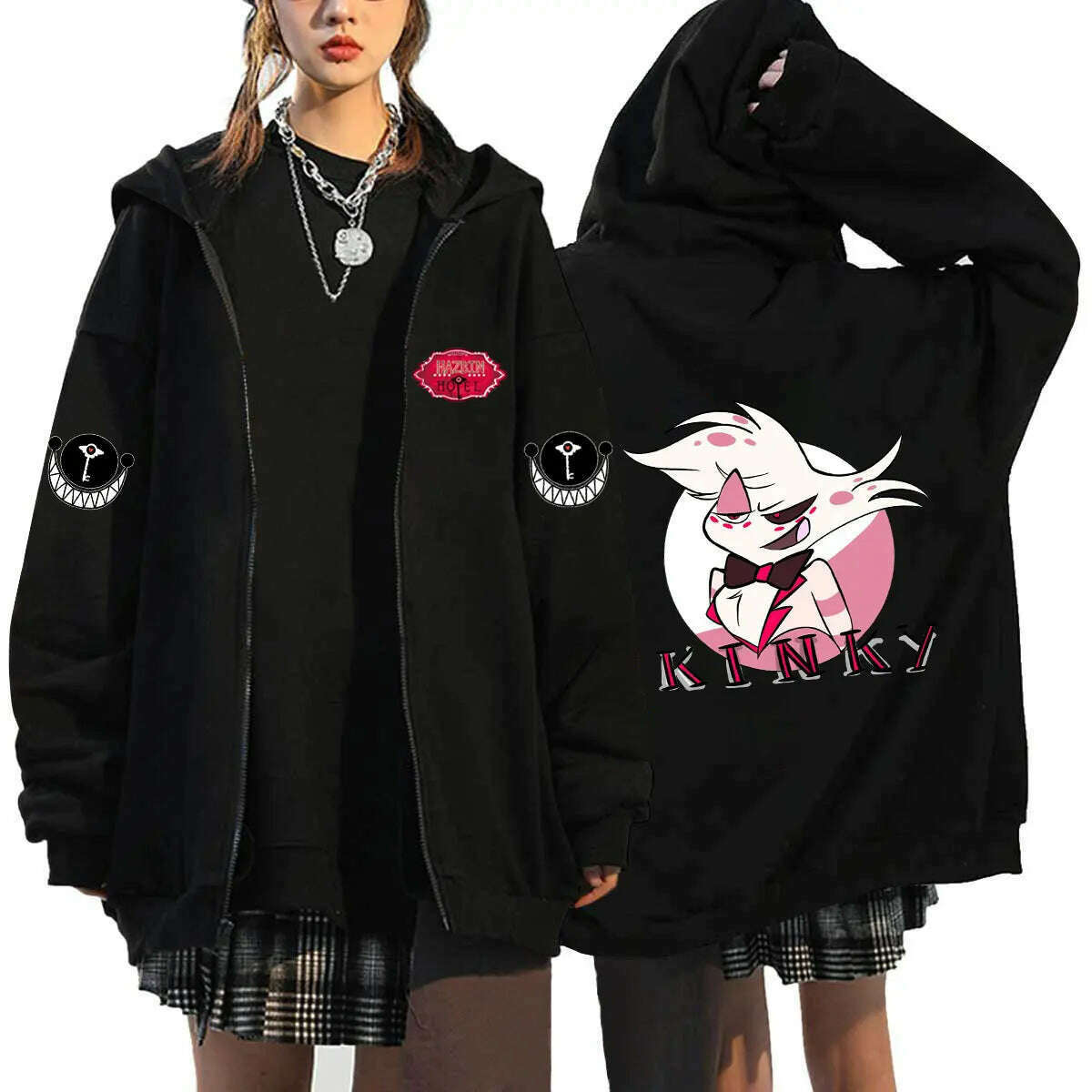 KIMLUD, Hazbin Hotel Zip Hoodies Sweatshirts Oversized Coat Tops Womens Mens Zipper Cardigan Streetwear Anime Sudaderas Hooded Jackets, Black -8 / S, KIMLUD APPAREL - Womens Clothes