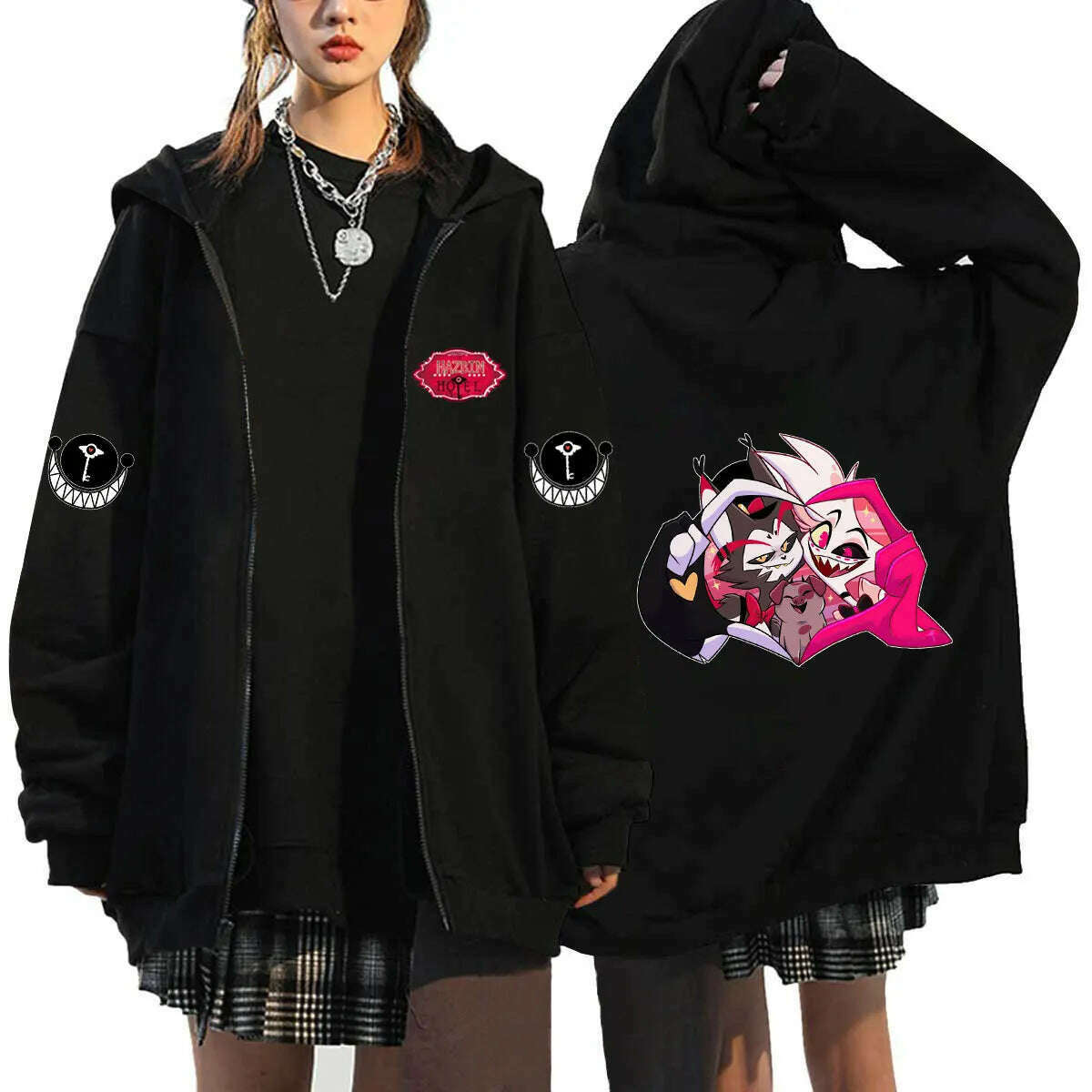 KIMLUD, Hazbin Hotel Zip Hoodies Sweatshirts Oversized Coat Tops Womens Mens Zipper Cardigan Streetwear Anime Sudaderas Hooded Jackets, Black -10 / XXL, KIMLUD APPAREL - Womens Clothes