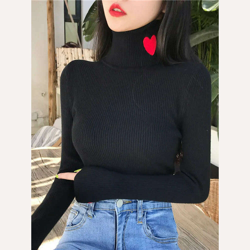 KIMLUD, Heart Embroidery Turtleneck Knitted Women Sweaters Ribbed Pullovers Autumn Winter Basic Sweater Female Soft Warm Tops, black / One Size, KIMLUD APPAREL - Womens Clothes