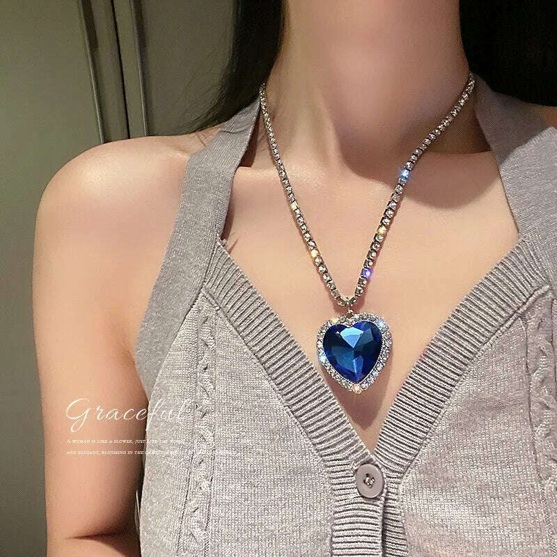 KIMLUD, Heart of Ocean Blue Heart Necklaces for Women Rhinestone Crystal Long Chain Necklaces Love Forever Jewelry For Party Gifts, KIMLUD Womens Clothes