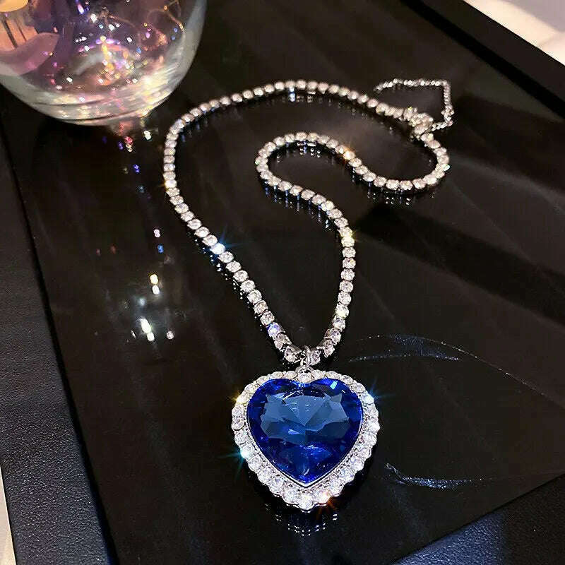 KIMLUD, Heart of Ocean Blue Heart Necklaces for Women Rhinestone Crystal Long Chain Necklaces Love Forever Jewelry For Party Gifts, KIMLUD Womens Clothes