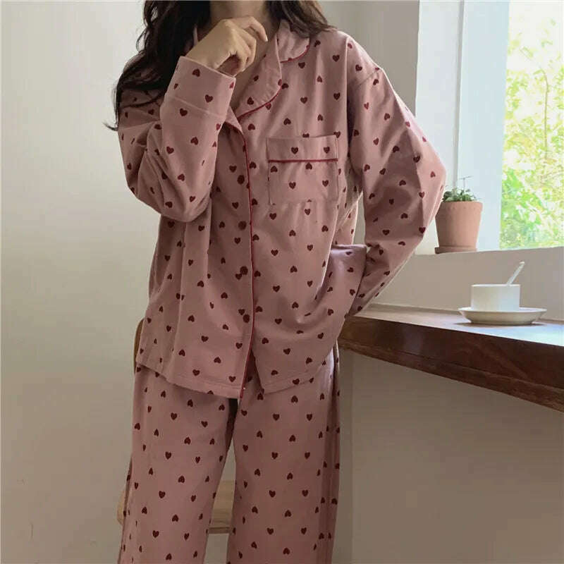 KIMLUD, Heart Print Home Suit Loose Cotton Casual Sleepwear Korean Pajamas Set Trousers Harajuku Home Clothes Kawaii Single Breasted Top, Pink / M, KIMLUD APPAREL - Womens Clothes