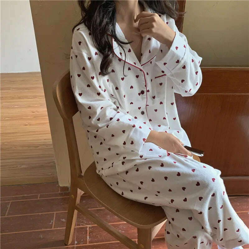 KIMLUD, Heart Print Home Suit Loose Cotton Casual Sleepwear Korean Pajamas Set Trousers Harajuku Home Clothes Kawaii Single Breasted Top, WHITE / L, KIMLUD APPAREL - Womens Clothes