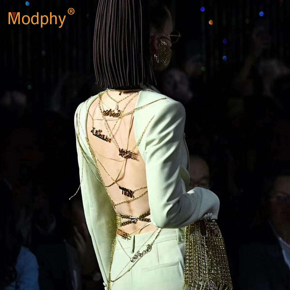 KIMLUD, Heavy Industry Custom Gold Chain Backless Blazer Coat Women Sexy Single Button Slim Party Coat Female 2020 Fashion New Tide, KIMLUD Womens Clothes