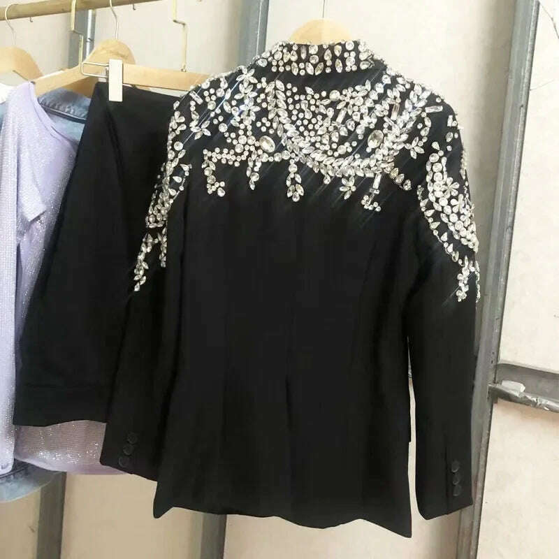 KIMLUD, Heavy Industry Fashion Handmade Beaded Suit Jacket Women2023 Autumn Winter New Light Luxury Starry Rhinestone Black Suit Blazers, KIMLUD Womens Clothes