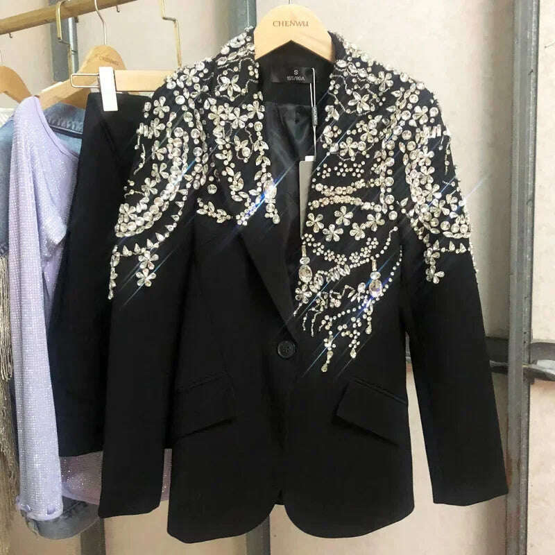 KIMLUD, Heavy Industry Fashion Handmade Beaded Suit Jacket Women2023 Autumn Winter New Light Luxury Starry Rhinestone Black Suit Blazers, black / M, KIMLUD APPAREL - Womens Clothes