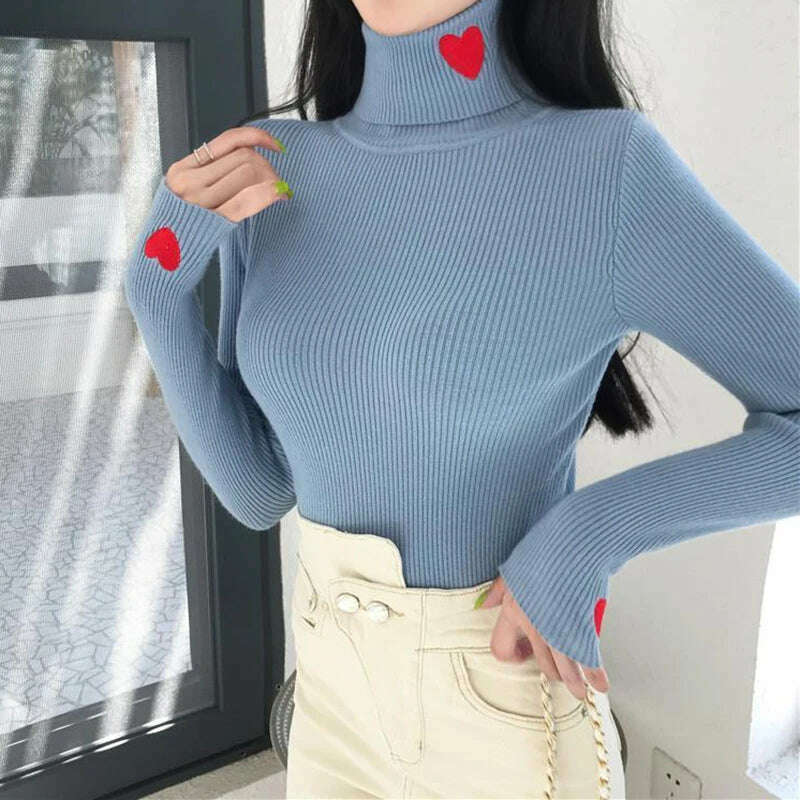 KIMLUD, HELIAR Women Turtleneck Knit Warm Sweaters Heart Embroidered Pullover Slim Bottoming Causal Sweater For Women 2023 Fall Winter, BLUE / One Size, KIMLUD APPAREL - Womens Clothes