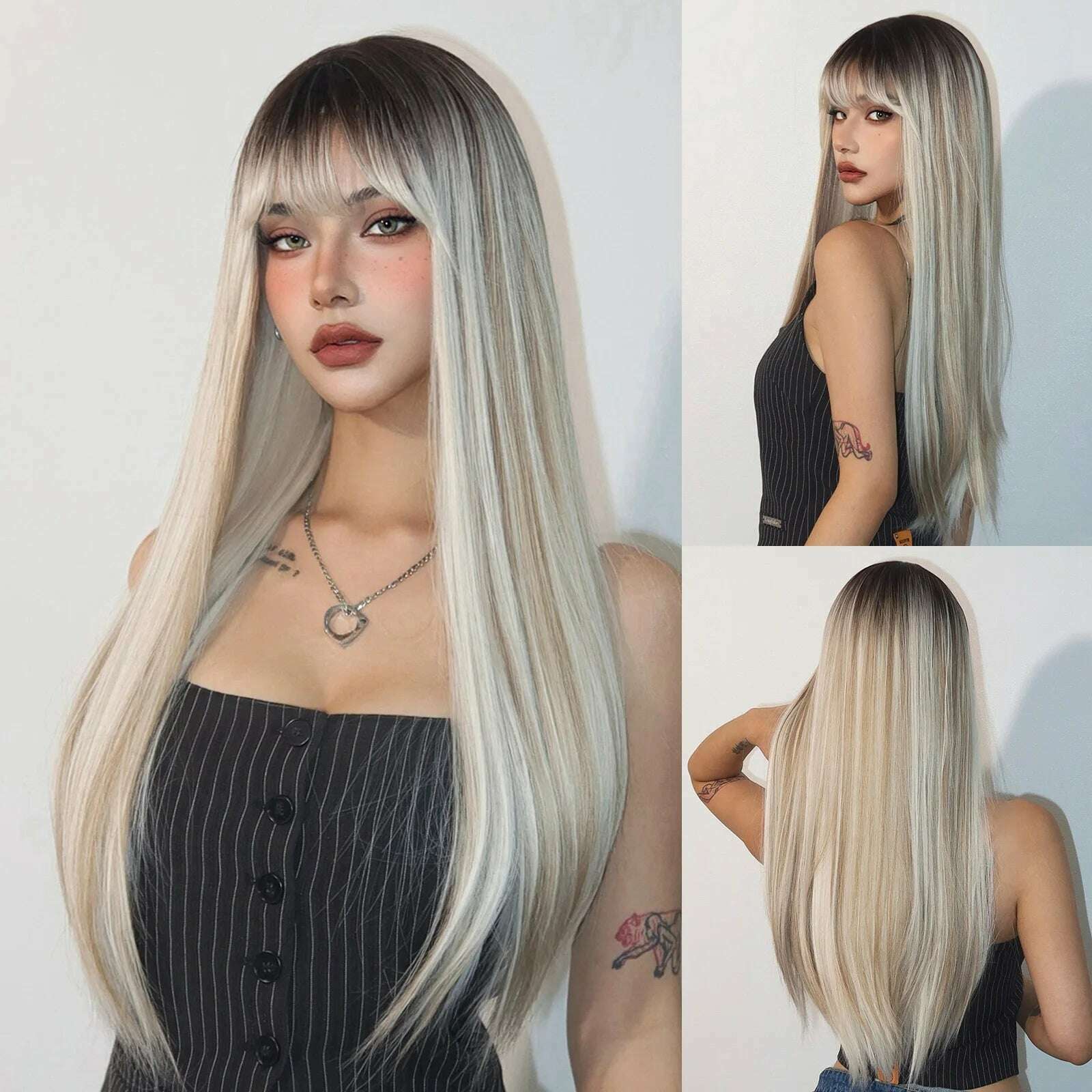 KIMLUD, HENRY MARGU Blonde Platinum Ombre Wig Long Straight Cosplay Wig with Bangs Women Christmas Synthetic Wig High Temperature Fiber, LC1073-1, KIMLUD APPAREL - Womens Clothes