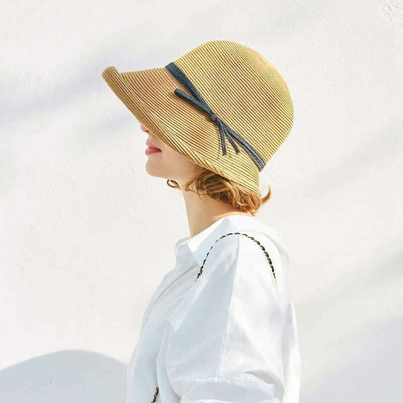 KIMLUD, Hepburn Style Straw Hat Women Age Reduction Face Small Curly Edge SunHat Female Summer Beach Hat Japan Holiday Party Cap UPF50+, KIMLUD Womens Clothes