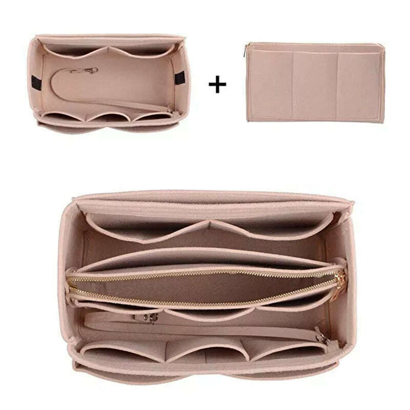 KIMLUD, HHYUKIMI Brand Make up Organizer Felt Insert Bag For Handbag Travel Inner Purse Portable Cosmetic Bags Fit Various Brand Bags, Khaki / 26X15X15CM, KIMLUD APPAREL - Womens Clothes