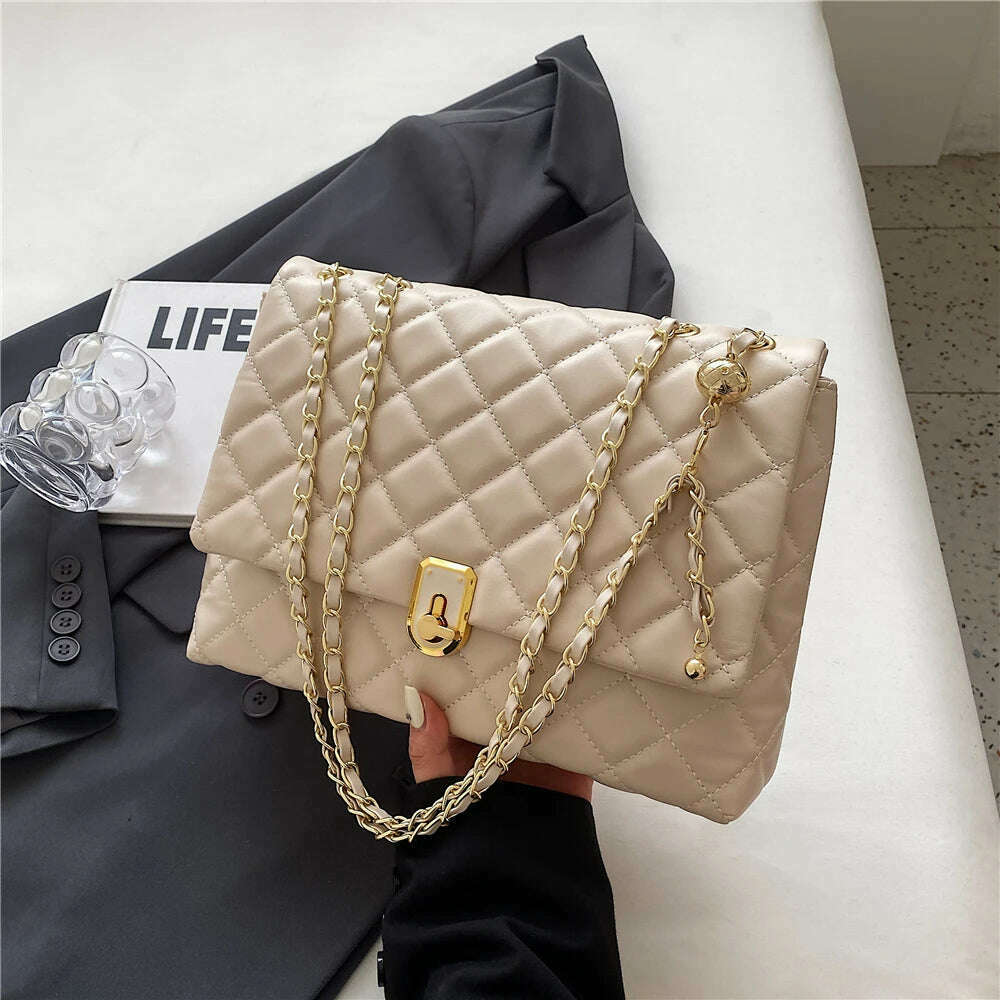 KIMLUD, Hifashion Quilted Leather Double Chain Shoulder Bags For Women 2023 Luxury Designer Large Crossbody Ladies Handbags And Purses, Beige, KIMLUD APPAREL - Womens Clothes