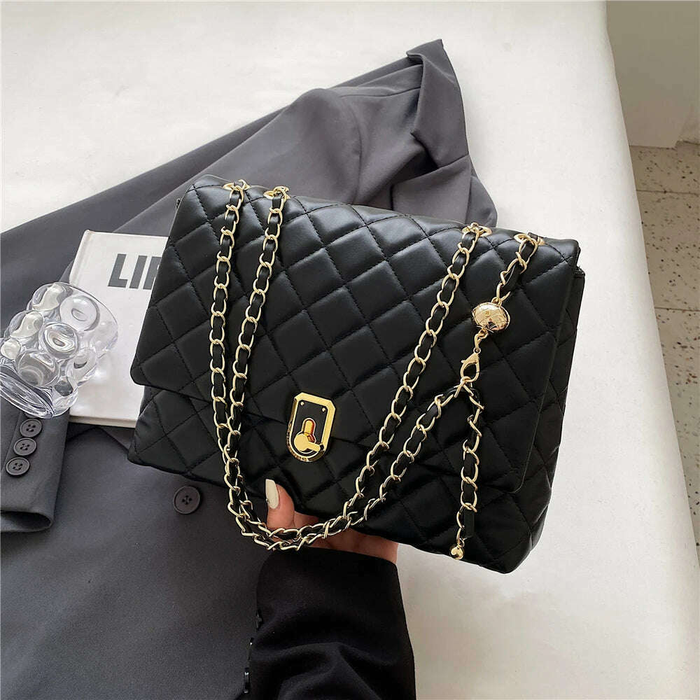 KIMLUD, Hifashion Quilted Leather Double Chain Shoulder Bags For Women 2023 Luxury Designer Large Crossbody Ladies Handbags And Purses, Black, KIMLUD APPAREL - Womens Clothes