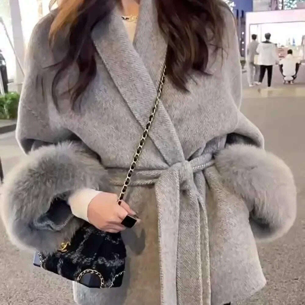 High End Double-sided Wool Strapping Real Wool Fur Coat Women's Removable Cuffs Fox Fur Temperament Cashmere Short Jacket - KIMLUD