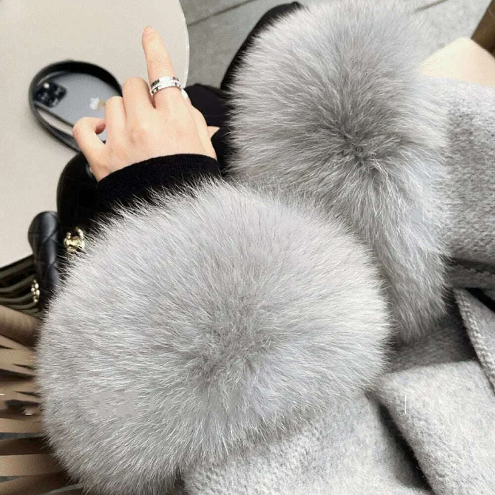 KIMLUD, High End Double-sided Wool Strapping Real Wool Fur Coat Women's Removable Cuffs Fox Fur Temperament Cashmere Short Jacket, KIMLUD Womens Clothes