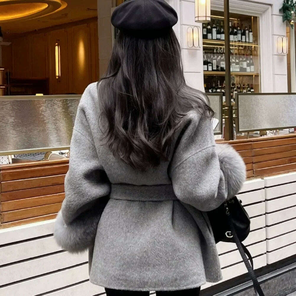 High End Double-sided Wool Strapping Real Wool Fur Coat Women's Removable Cuffs Fox Fur Temperament Cashmere Short Jacket - KIMLUD