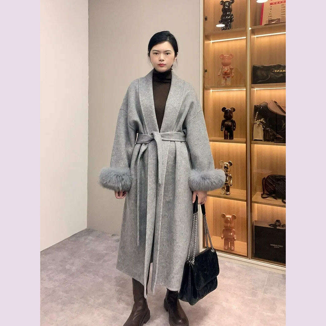 High End Double-sided Wool Strapping Real Wool Fur Coat Women's Removable Cuffs Fox Fur Temperament Cashmere Short Jacket - KIMLUD