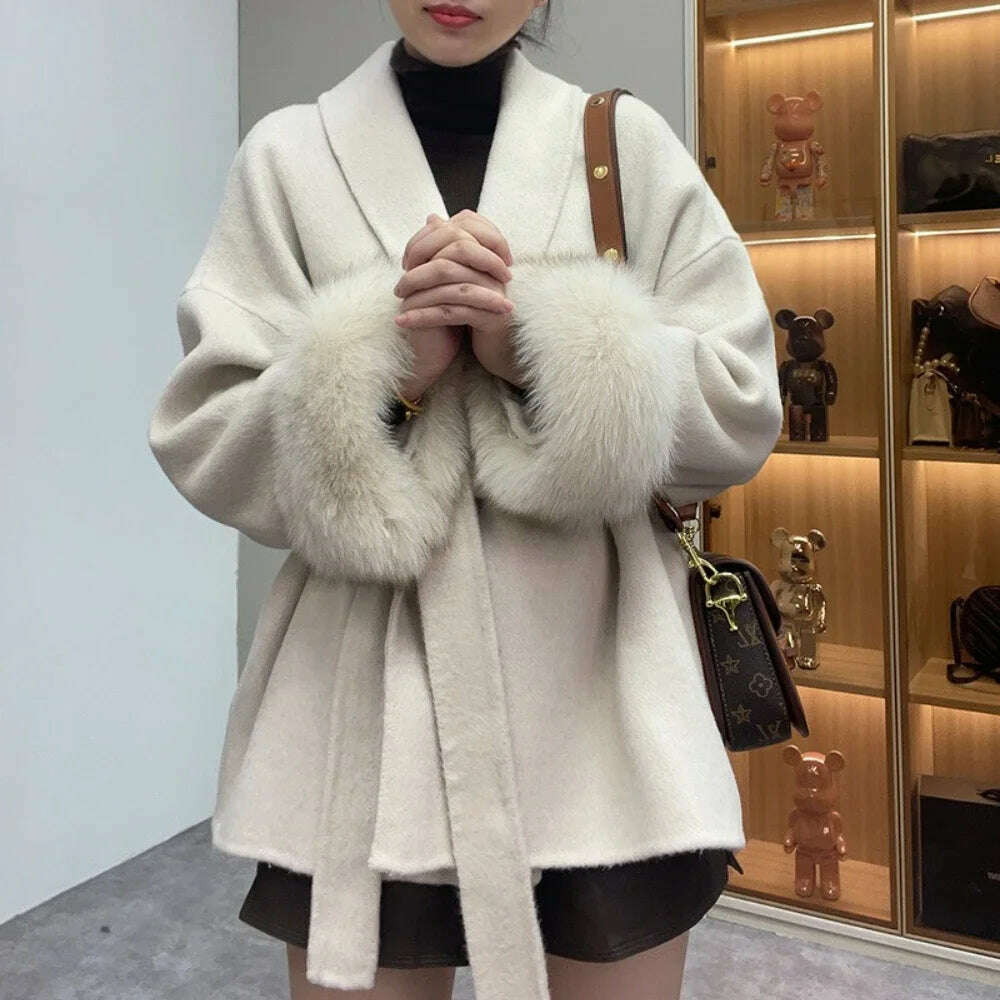 High End Double-sided Wool Strapping Real Wool Fur Coat Women's Removable Cuffs Fox Fur Temperament Cashmere Short Jacket - KIMLUD