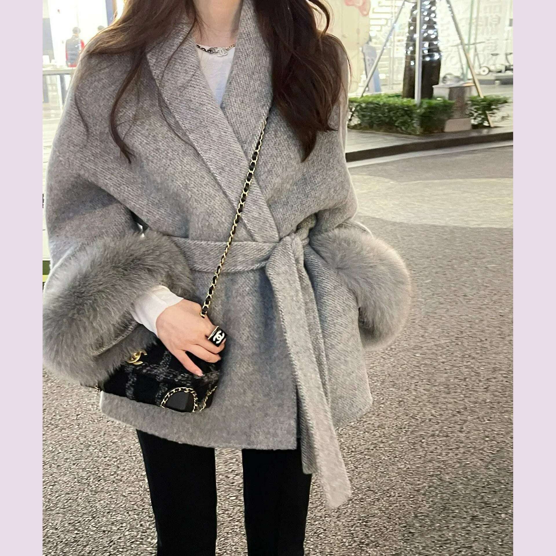 KIMLUD, High End Double-sided Wool Strapping Real Wool Fur Coat Women's Removable Cuffs Fox Fur Temperament Cashmere Short Jacket, Gray short / L, KIMLUD APPAREL - Womens Clothes