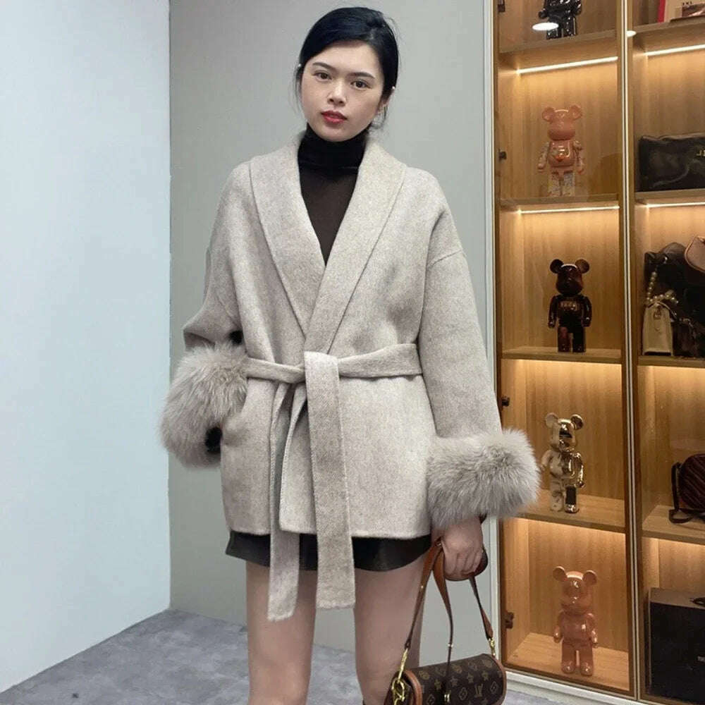 High End Double-sided Wool Strapping Real Wool Fur Coat Women's Removable Cuffs Fox Fur Temperament Cashmere Short Jacket - KIMLUD