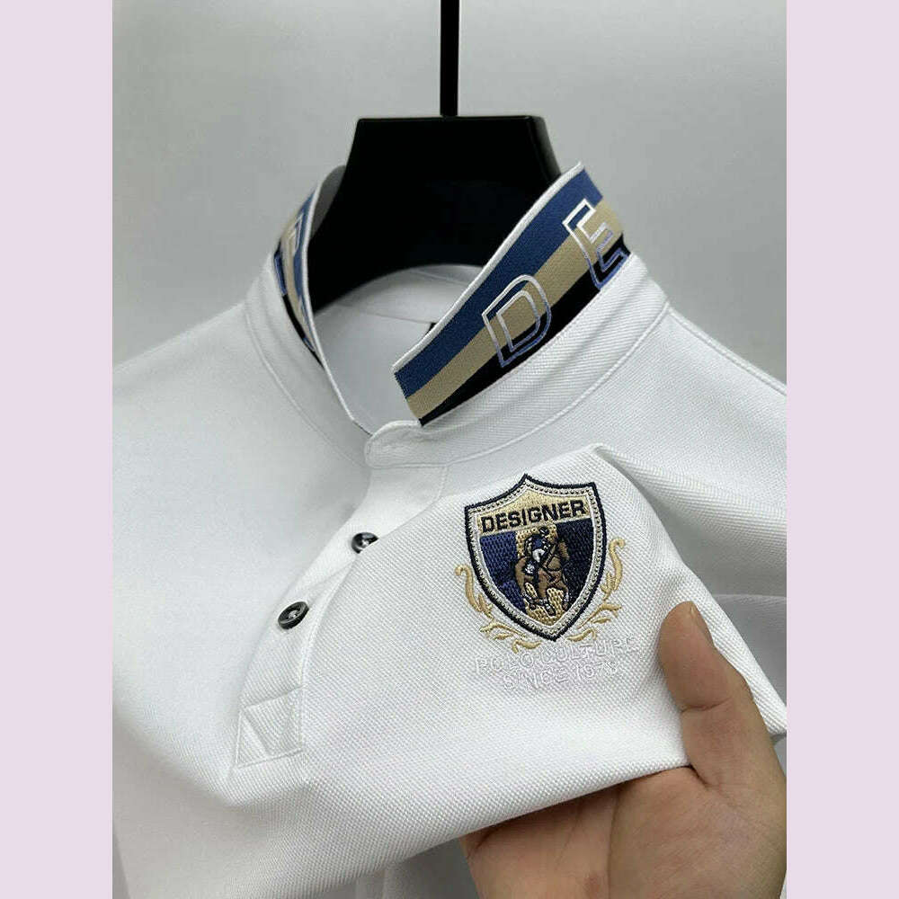 KIMLUD, High End Luxury Brand Designer Embroidered Men's Polo Short Sleeved Summer Cotton Loose Casual Business Lapel Korean New Top, WHITE / 4XL, KIMLUD APPAREL - Womens Clothes