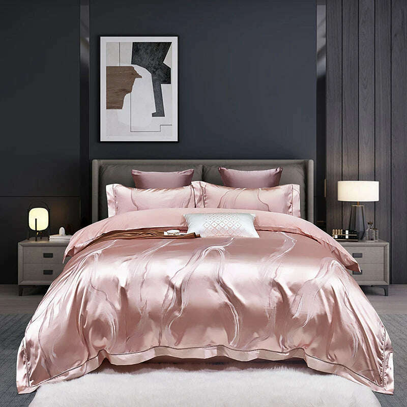 KIMLUD, High End Mulberry S i l k Jacquard Bedding Set  4-piece Duvet Cover Set 200*230CM 220*240CM Flat Sheet Bedding, Fankeyani-pink / 200x230cm 4pcs, KIMLUD APPAREL - Womens Clothes