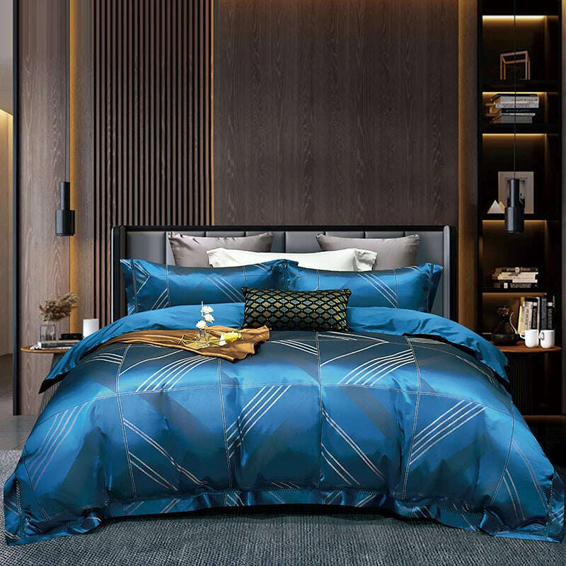 KIMLUD, High End Mulberry S i l k Jacquard Bedding Set  4-piece Duvet Cover Set 200*230CM 220*240CM Flat Sheet Bedding, Ouluobasha-blue / 200x230cm 4pcs, KIMLUD APPAREL - Womens Clothes