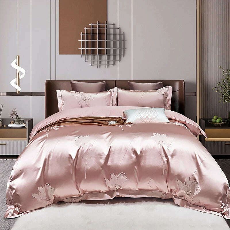 KIMLUD, High End Mulberry S i l k Jacquard Bedding Set  4-piece Duvet Cover Set 200*230CM 220*240CM Flat Sheet Bedding, Lashabeier-pink / 200x230cm 4pcs, KIMLUD APPAREL - Womens Clothes