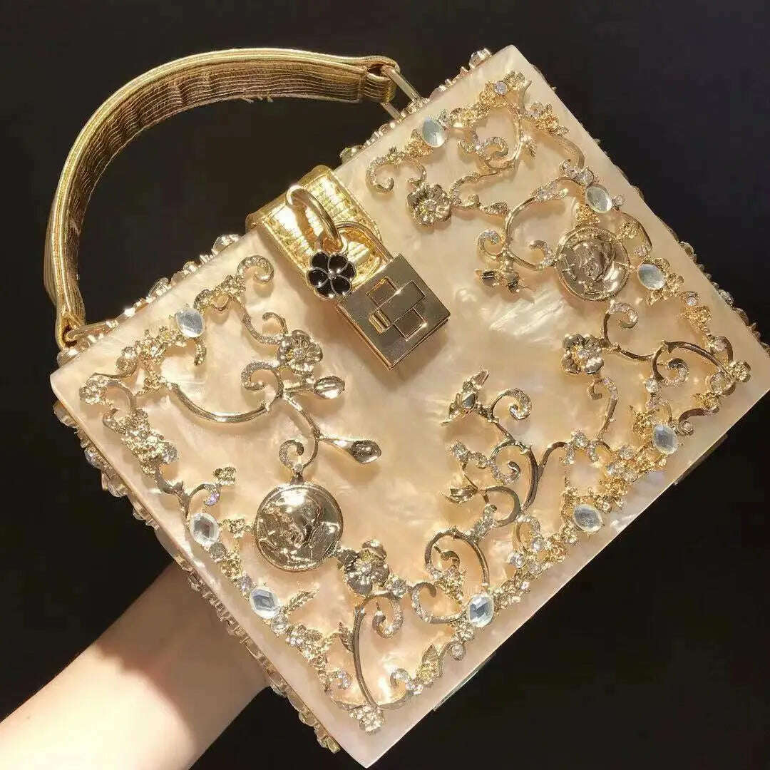 KIMLUD, High-Grade crystal Evening Bag Female New Hollow Out Metal Carved Flower Diamond Handbag Box Fashion Chic Shoulder Crossbody Bag, KIMLUD Womens Clothes