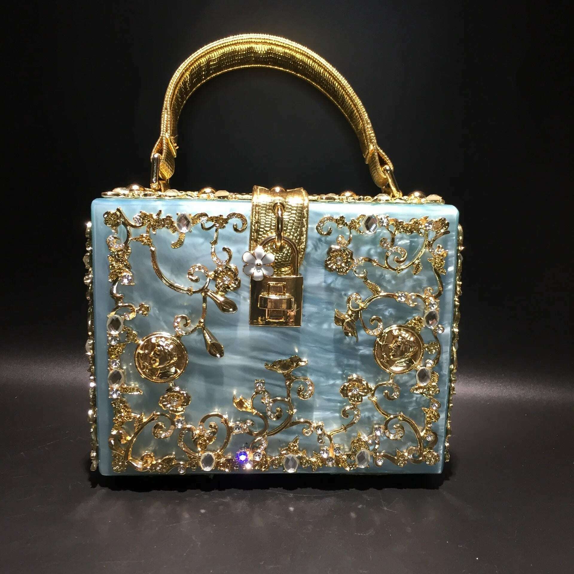 KIMLUD, High-Grade crystal Evening Bag Female New Hollow Out Metal Carved Flower Diamond Handbag Box Fashion Chic Shoulder Crossbody Bag, SKY BLUE, KIMLUD APPAREL - Womens Clothes