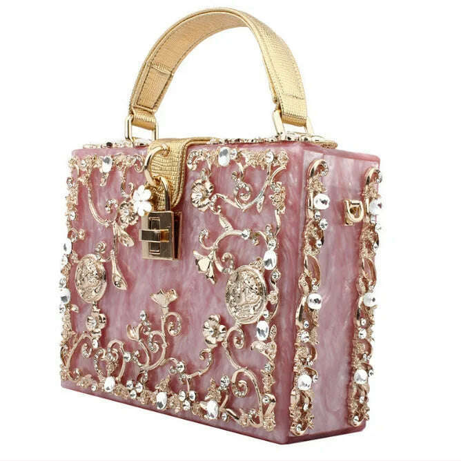 KIMLUD, High-Grade crystal Evening Bag Female New Hollow Out Metal Carved Flower Diamond Handbag Box Fashion Chic Shoulder Crossbody Bag, Pink, KIMLUD APPAREL - Womens Clothes